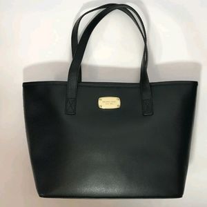 Michael Kors Black Leather Tote with Gold Plaque